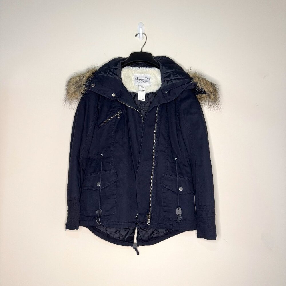 NWOT American Rag Dark Navy Jacket/Coat with Faux Fur Trim Hood Size XS